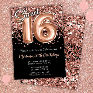 Invitation d'anniversaire 16 ans Rose Noire Or