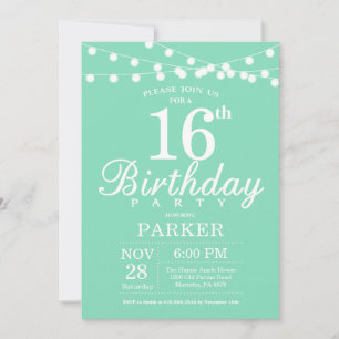 Invitation d'anniversaire 16 ans vert menthe