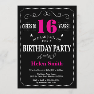 Invitation d'anniversaire 16e Chalet noir rose cha