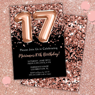 Invitation d'anniversaire 17 ans Noir Rose Or Pail