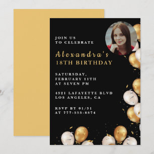 Invitation d'anniversaire 18 ans noir Ballon doré