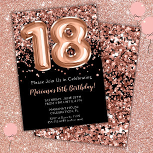 Invitation d'anniversaire 18 ans Noir Rose Or Pail