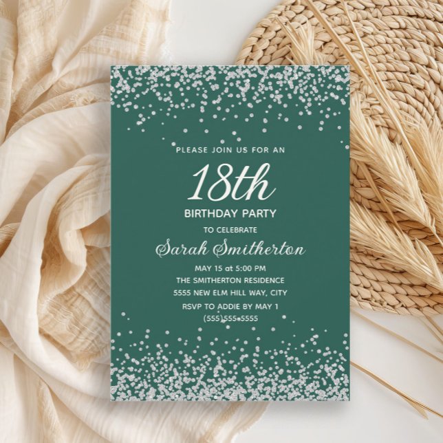 Invitation d'anniversaire 18 ans vert émeraude arg (Elegant emerald green and silver glitter 18th birthday party invitation for women,)