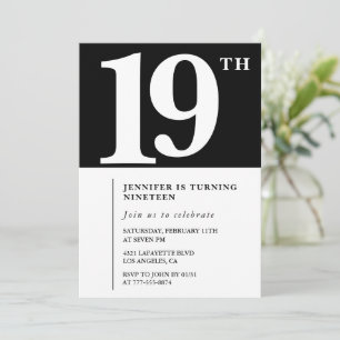 Invitation d'anniversaire 19 ans Noir Élégante Chi