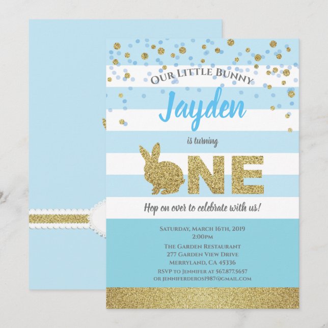 Invitation d'anniversaire 1 an de bunny boy bleu e (Devant / Derrière)