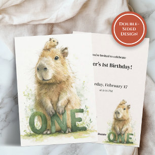Invitation d'anniversaire 1 an Woodland Capybara