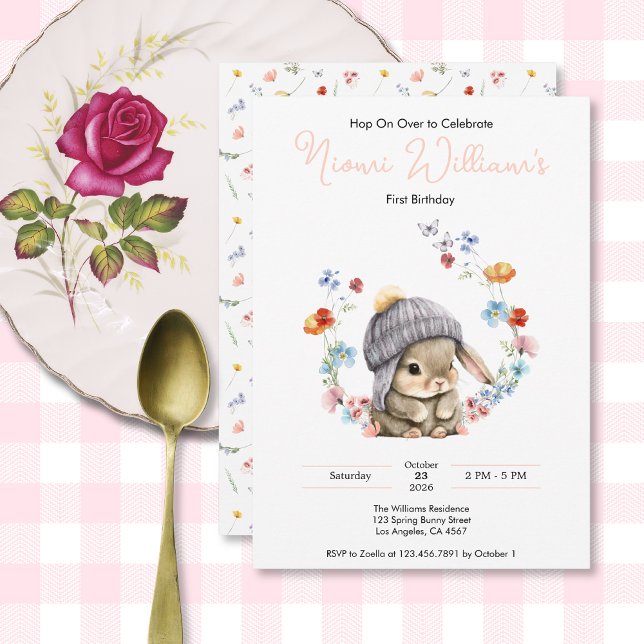 Invitation d'anniversaire 1er de Bunny Wildflower (Bunny Wildflower 1st Birthday Invitation 3)