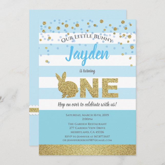 Invitation d'anniversaire 1ère année garçon lapin  (Devant / Derrière)
