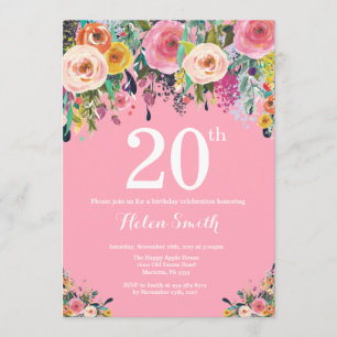 Invitation d'anniversaire 20 ans à fleurs roses
