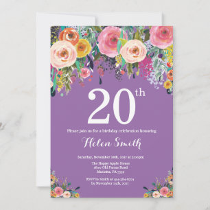 Invitation d'anniversaire 20 ans à motif floral vi