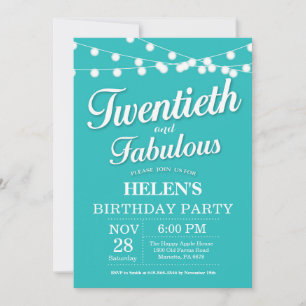 Invitation d'anniversaire 20 ans Aqua Turquoise Fa