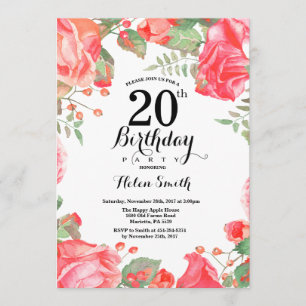 Invitation d'anniversaire 20 ans Fleur Rouge Botan