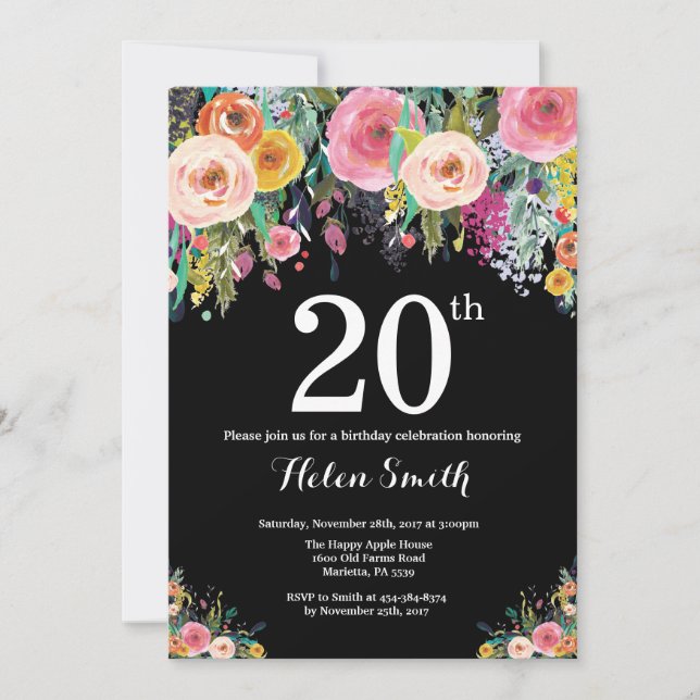 Invitation d'anniversaire 20 ans Floral (Devant)