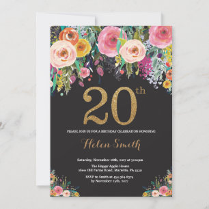 Invitation d'anniversaire 20 ans Floral Pailleté O