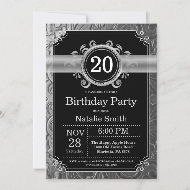 Invitation d'anniversaire 20 ans paillettes noires (Devant)