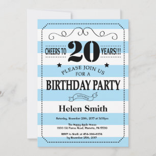 Invitation d'anniversaire 20 ans rayures bleues et