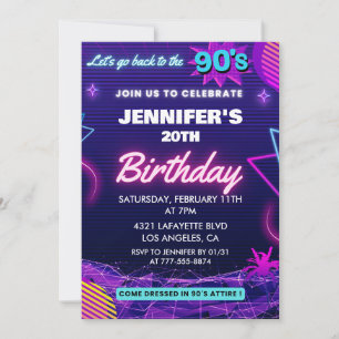 Invitation d'anniversaire 20 ans thème rétro 90s