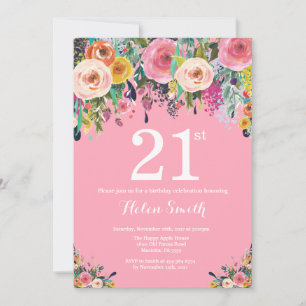 Invitation d'anniversaire 21 ans à fleurs roses