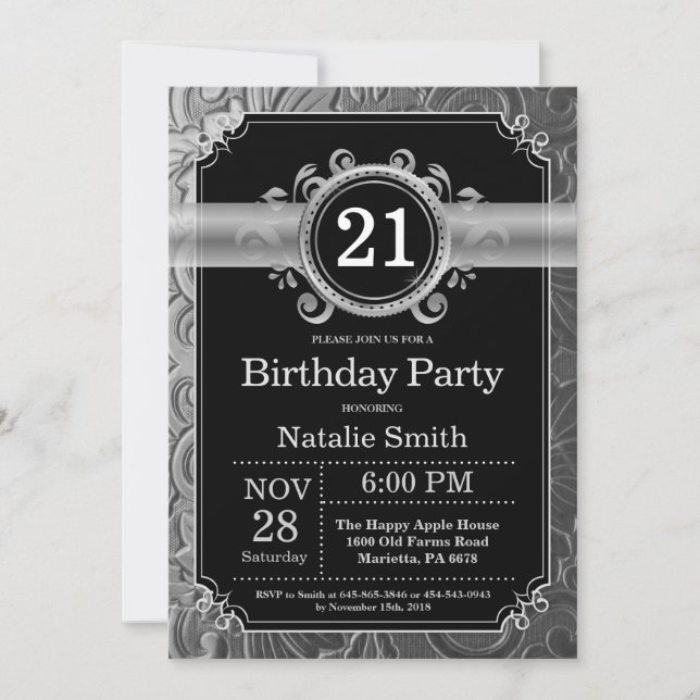 Invitation d'anniversaire 21 ans noir et paillette (Devant)