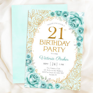 Invitation d'anniversaire 21 ans turquoise or flor