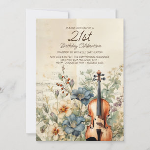 Invitation d'anniversaire 21 ans Violon Vintage Fl