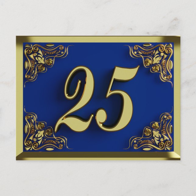 Invitation d'anniversaire 25 ans bleu or royale (Devant)