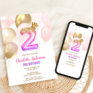 Invitation d'anniversaire 2 ans fille ballon or ro
