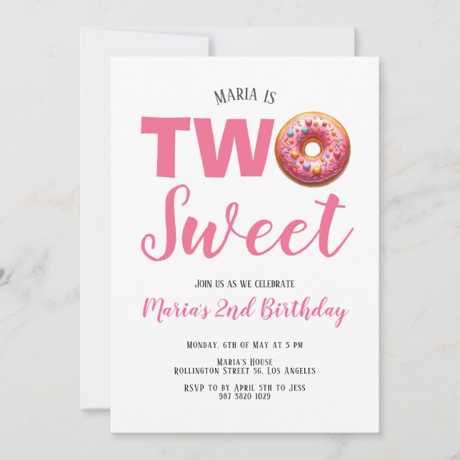 Invitation d'anniversaire 2 ans Two Sweet Pink Don (Devant)