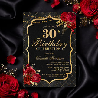 Invitation d'anniversaire 30 ans Noir, Rouge & Or