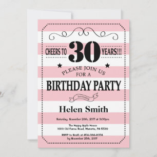 Invitation d'anniversaire 30 ans rayures roses et 