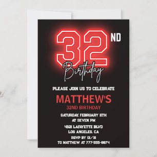 Invitation d'anniversaire 32 ans Neon Black pour h