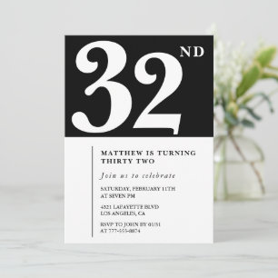 Invitation d'anniversaire 32 ans noir Élégant Chic