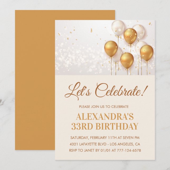Invitation d'anniversaire 33 ans Ballons Or (Devant / Derrière)