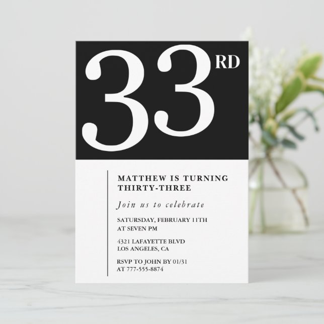 Invitation d'anniversaire 33 ans Homme Noir Blanc (Debout devant)