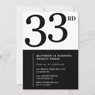 Invitation d'anniversaire 33 ans Homme Noir Blanc