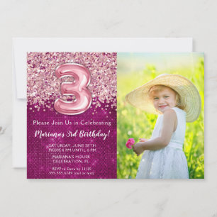 Invitation d'anniversaire 3 ans avec photo Magenta