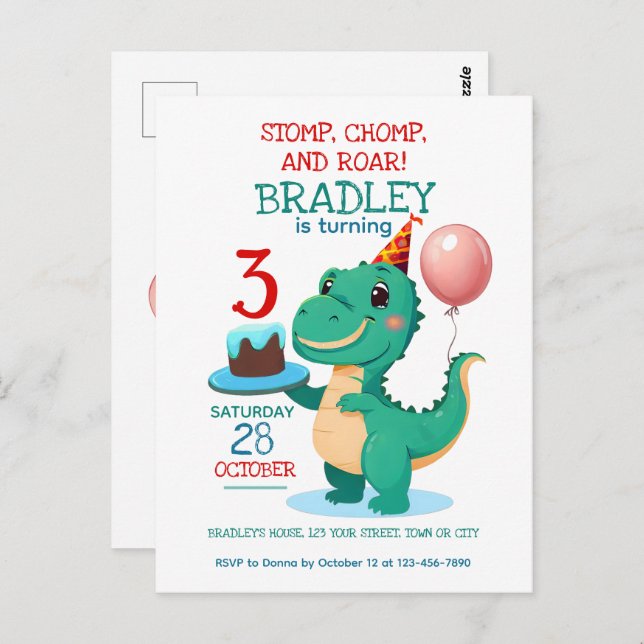 Invitation d'anniversaire 3 ans Dinosaure T Rex (Devant / Derrière)