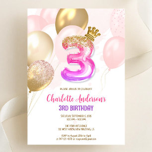 Invitation d'anniversaire 3 ans fille ballon or ro