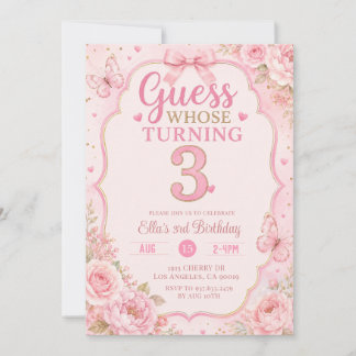 Invitation d'anniversaire 3 ans Fleurs Roses