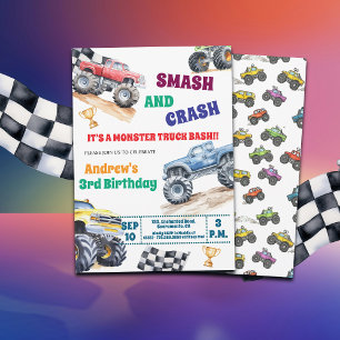 Invitation d'anniversaire 3 ans Fun Monster Trucks