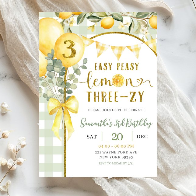 Invitation d'anniversaire 3 ans Lemon Gingham (Créateur téléchargé)