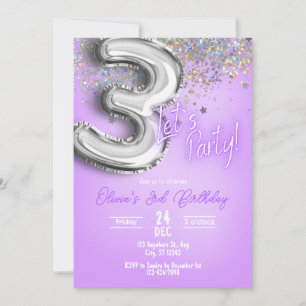 Invitation d'anniversaire 3 ans Paillettes Violett