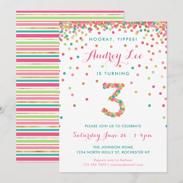 Invitation d'anniversaire 3 ans pour filles  fête  (Devant / Derrière)