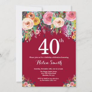 Invitation d'anniversaire 40 ans Floral Bourgogne