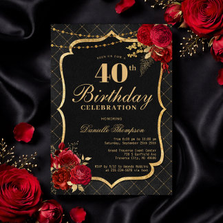 Invitation d'anniversaire 40 ans Noir, Rouge & Or