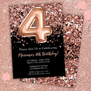 Invitation d'anniversaire 4 ans Noir Rose Or Paill