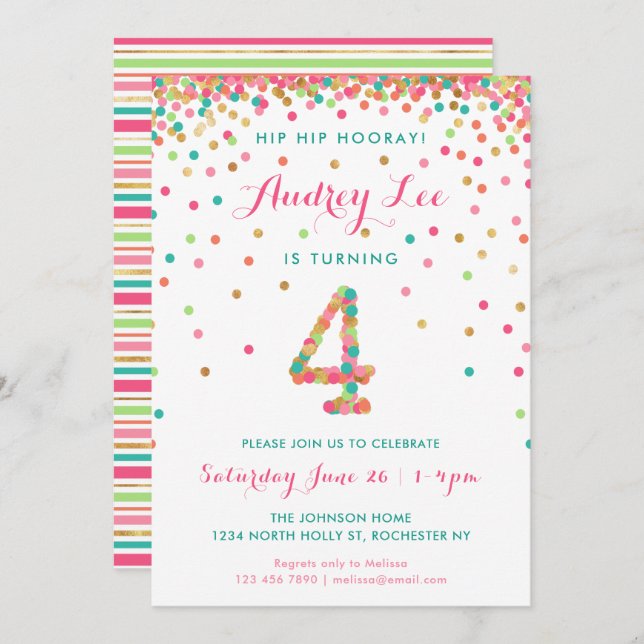 Invitation d'anniversaire 4 ans pour filles  fête  (Devant / Derrière)