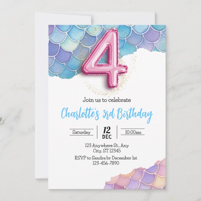 Invitation d'anniversaire 4 ans Sirène (Devant)