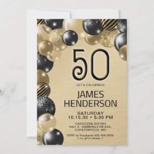 Invitation d'anniversaire 50 ans Ballons Or et Noi