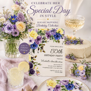 Invitation d'anniversaire 50 ans Fleurie Aquarelle